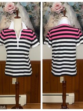 Like New Lauren Ralph Lauren Pink and Black Striped Golf Polo